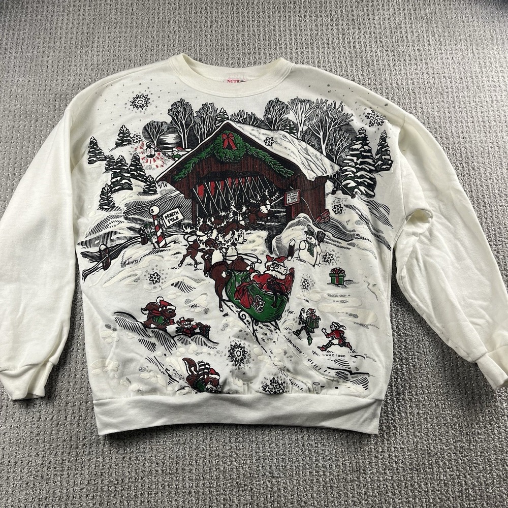 Vintage Nutcracker Sweatshirt White Santa Sleigh Christmas Graphic Size Medium